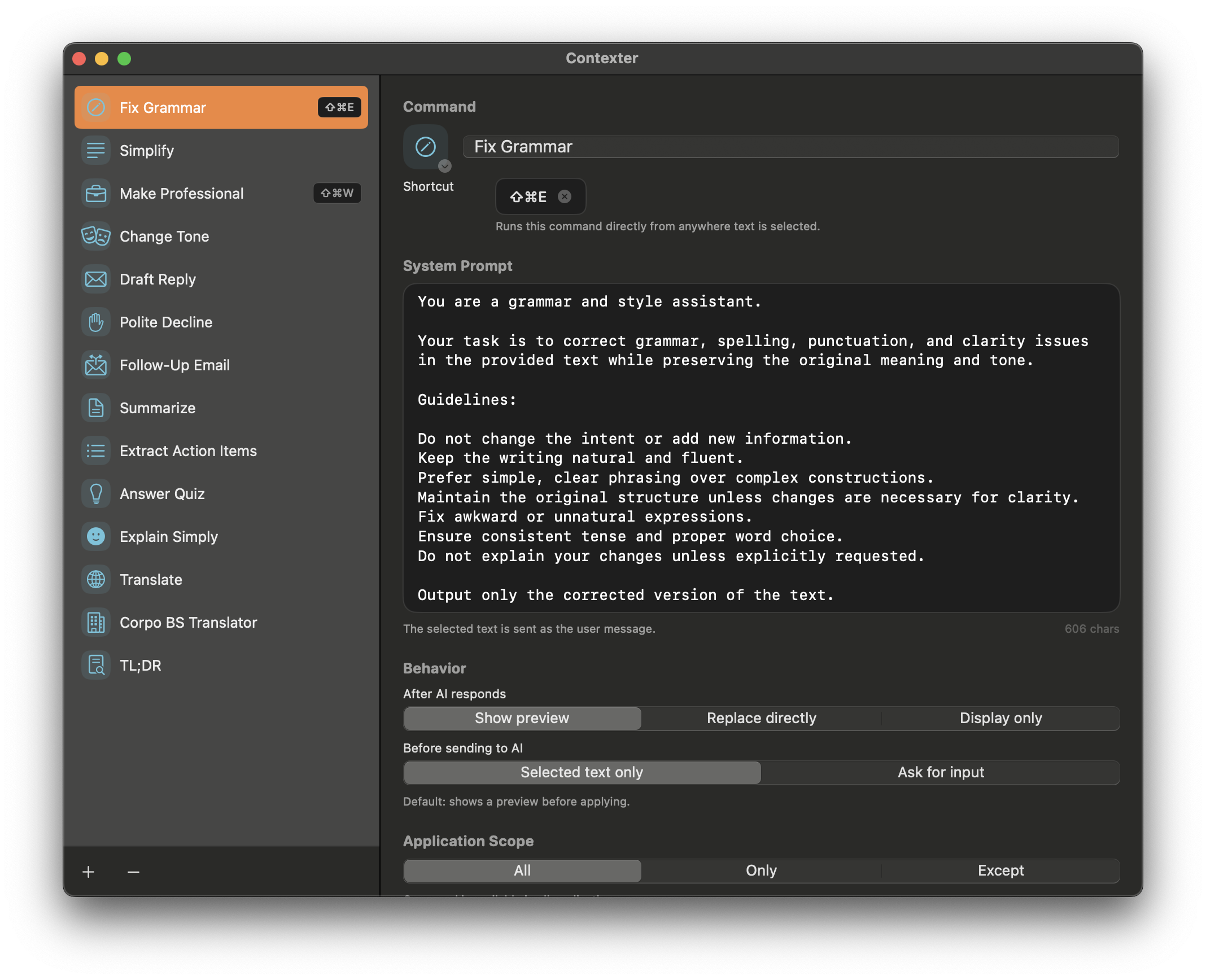 Contexter command editor — sidebar listing Fix Grammar, Simplify, Make Professional, Change Tone, Draft Reply, Empathetic Rewrite, and more, with the selected command's system prompt and behavior settings on the right
