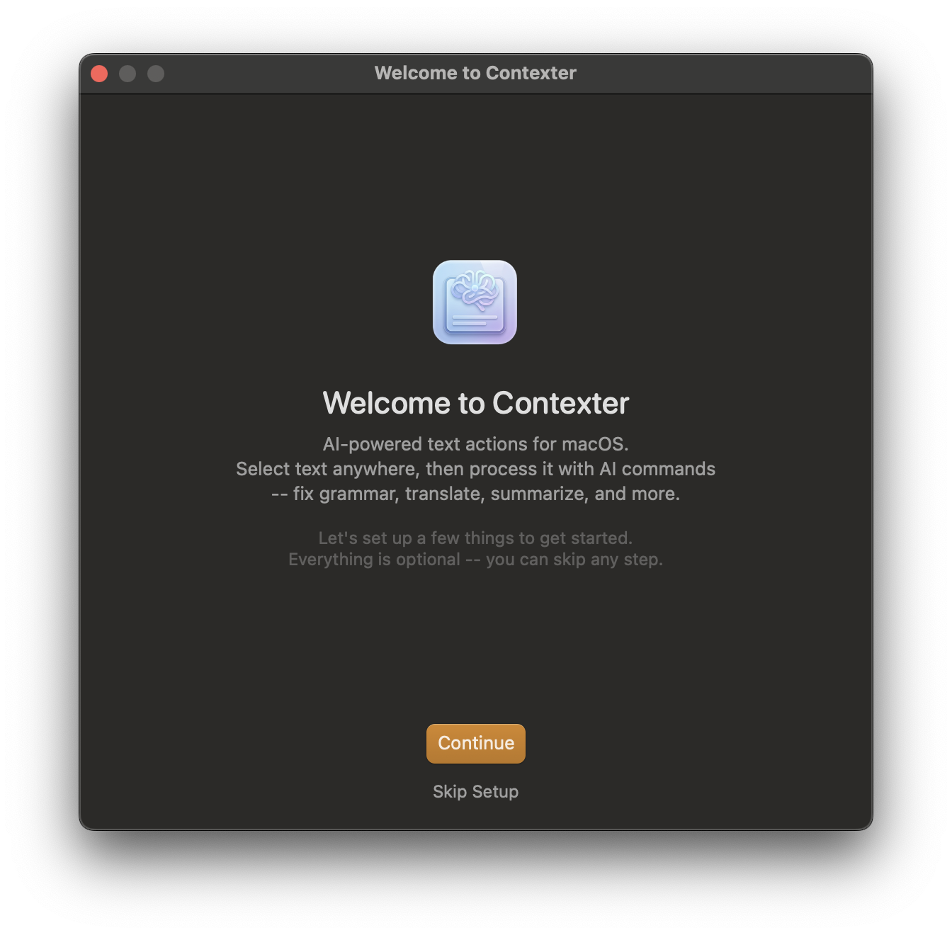 Contexter welcome screen on first launch