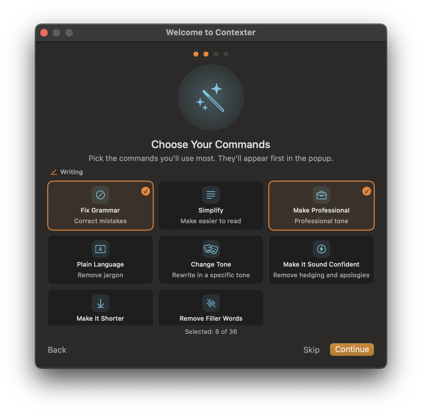 Choose Your Commands screen with writing category visible